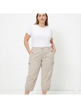 EILEEN FISHER Woman Cotton Blend Khaki Cropped Cargo Pants Multi Pocket US Sz 2X